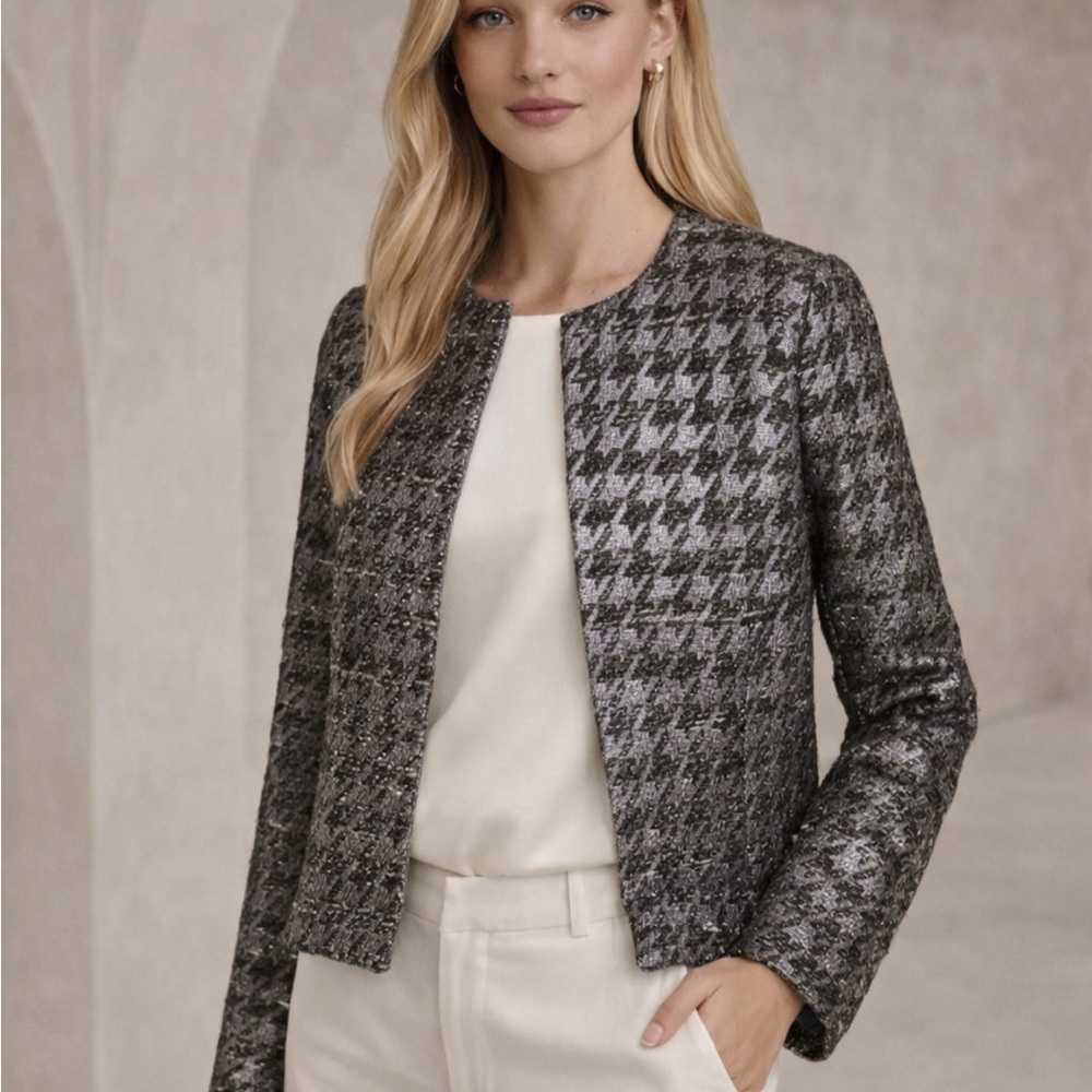 J.Crew Collection Wool Blend Metallic Houndstooth Phoebe Jacket 36144